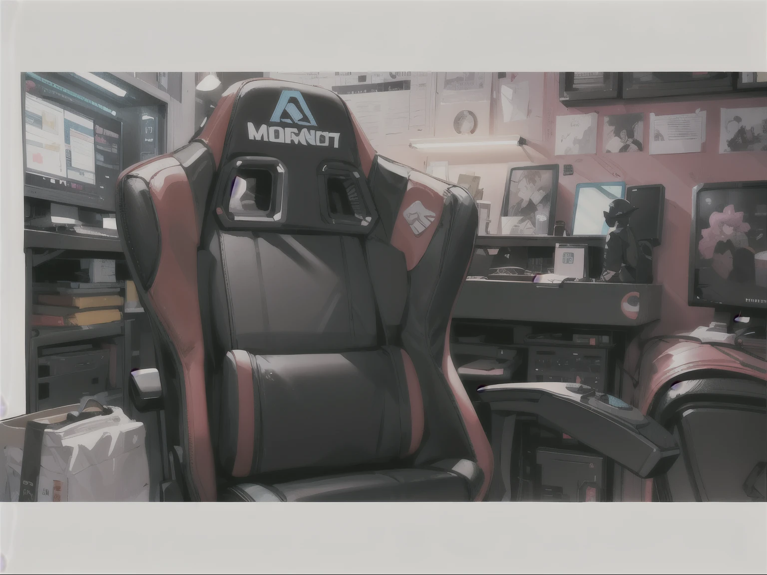 Obra maestra, of the highest quality, closeup cuarto gamer, gameroomconcept, room, pared con posters, ventana luz piso de madera, an empty gaming chair, aspecto de la imagen 16:9, centrando en la imagen una silla gamer color morado, fondo un cuarto de una chica gamer con tonalidades rosas y moradas estilo 3d