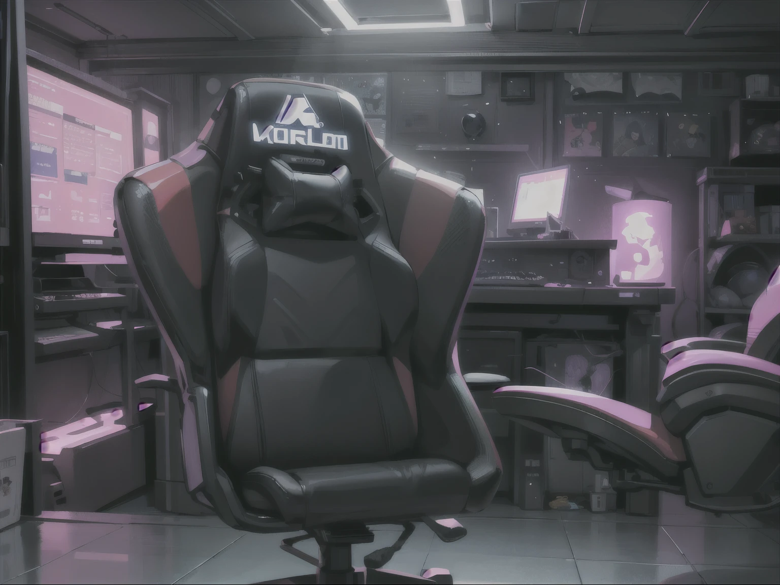 Obra maestra, of the highest quality, closeup cuarto gamer, gameroomconcept, room, pared con posters, ventana luz piso de madera, an empty gaming chair, aspecto de la imagen 16:9, centrando en la imagen una silla gamer color morado, fondo un cuarto de una chica gamer con tonalidades rosas y moradas estilo 3d