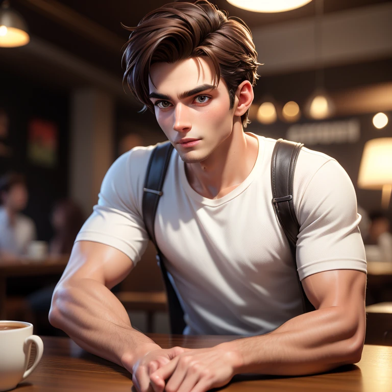 masterpiece, best quality,3d rending work ,3DMM style,close-up,portrait, 3D,male,20 year old, handsome, mature, perfect face, perfect eyes, sculpted jaw, brown hair, short hair, bare forehead, shining brown eyas, masculine, manly, cool, messy, rough, wearing white tshirt,in coffe shop, simple background,extremely detailed, one picture, ultra detailed,best quality,