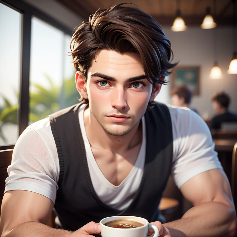 masterpiece, best quality,3d rending work ,3DMM style,close-up,portrait, 3D,male,20 year old, handsome, mature, perfect face, perfect eyes, sculpted jaw, brown hair, short hair, bare forehead, shining brown eyas, masculine, manly, cool, messy, rough, wearing white tshirt,in coffe shop, simple background,extremely detailed, one picture, ultra detailed,best quality,