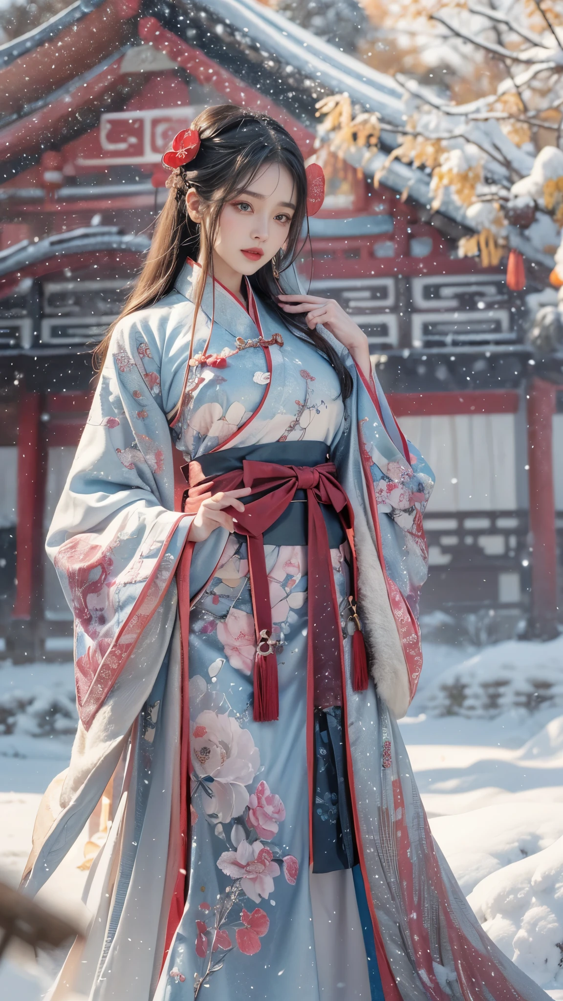 best quality, masterpiece,8k,(Realistically:1.4),Ultra-high resolution,1 girl,Ultra-realistic skin, Ultra Detailed, Surreal, Highly detailed CG illustrations, official art, Movie Lighting, Practical, Young beautiful girl,Perfect body, Full view,enjoy expression,(Start from below:1.3), (Sexy pose, Sexy thighs), confidence, Beautiful and sexy, ((Gorgeous Chinese Hanfu)),cropped shoulder,S-Shape Pose, blush, Chapped lips, View Viewer , half body shot , (fur-edged cloak:1.2) ,(Chinese pavilions),It snowed heavily,The ground is covered with snow,