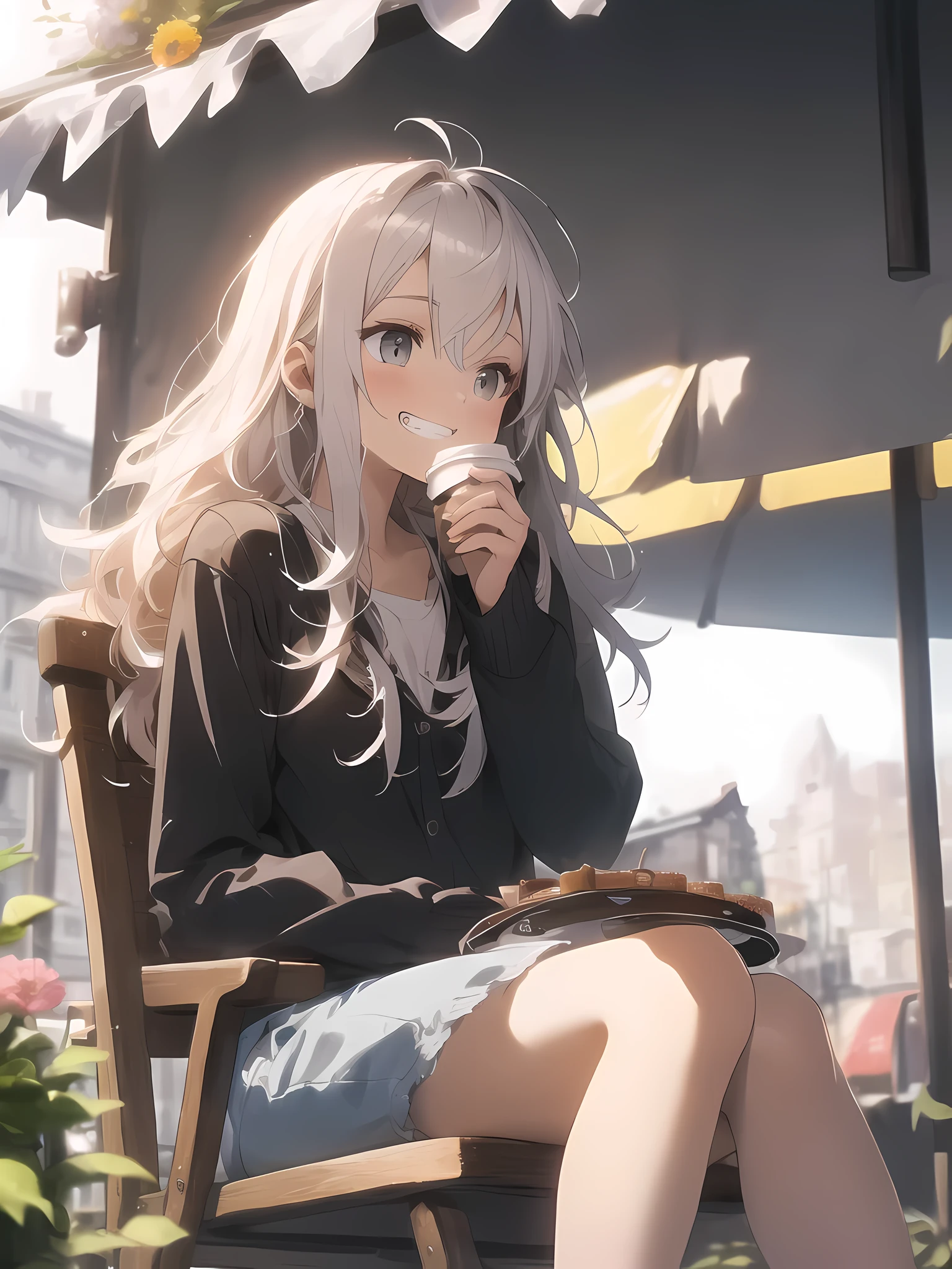 (looking away:1.2),(masterpiece:1.2), (best quality),(ultra detailed),(extremely detailed),(absolutely resolution) ,absurdres,8k, 1girl-drinking-hot-coffee, cafe, city, sitting-on-the-chair, grin, cake, mountain, flowers-pods, windy, 
BREAK,  ultra detailed eyes, long hair, messy hair, (gradation hair:1.2),