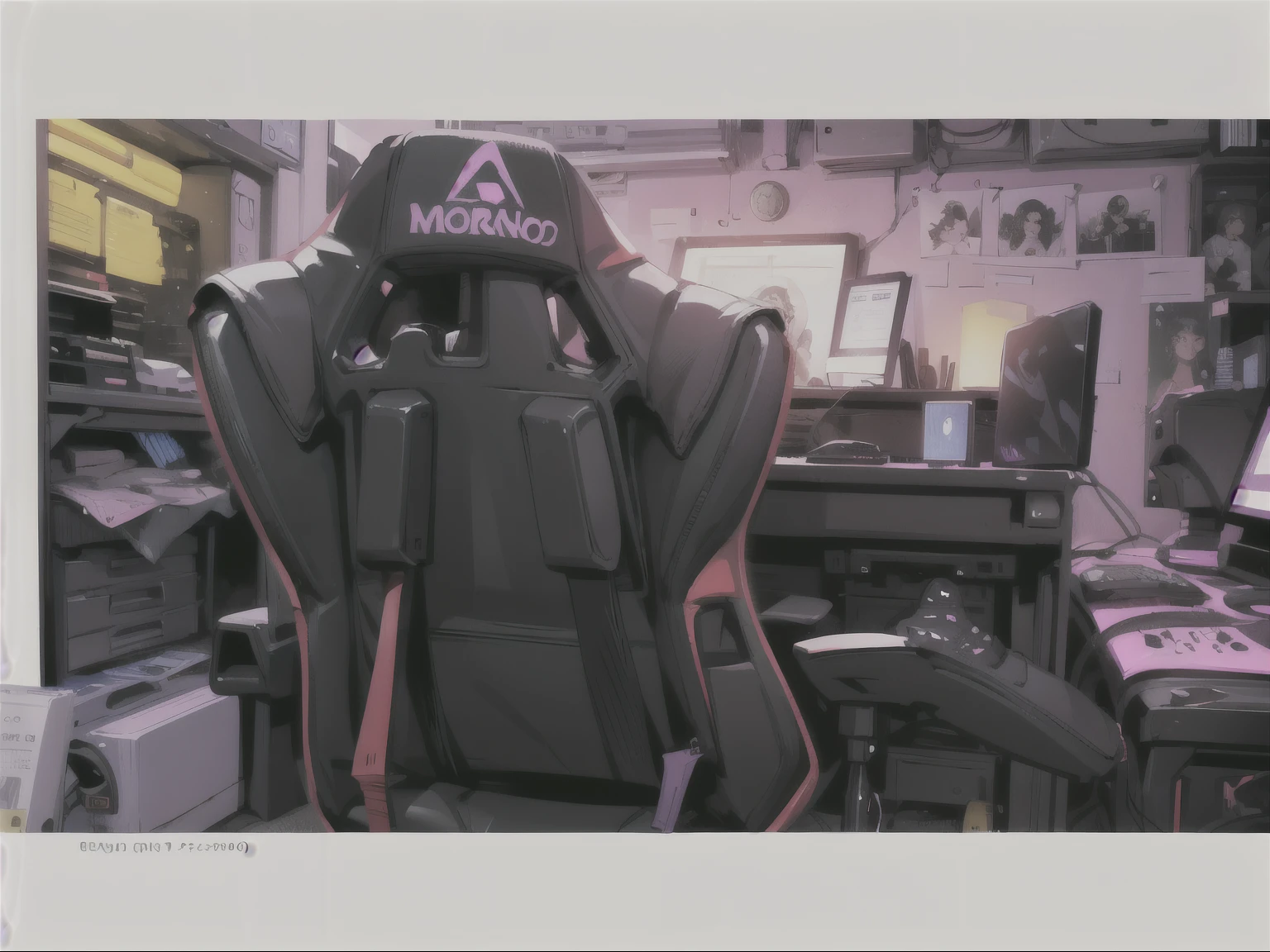 Obra maestra, of the highest quality, closeup cuarto gamer, gameroomconcept, room, pared con posters, ventana luz piso de madera, an empty gaming chair, aspecto de la imagen 16:9, centrando en la imagen una silla gamer color morado, fondo un cuarto de una chica gamer con tonalidades rosas y moradas estilo 3d