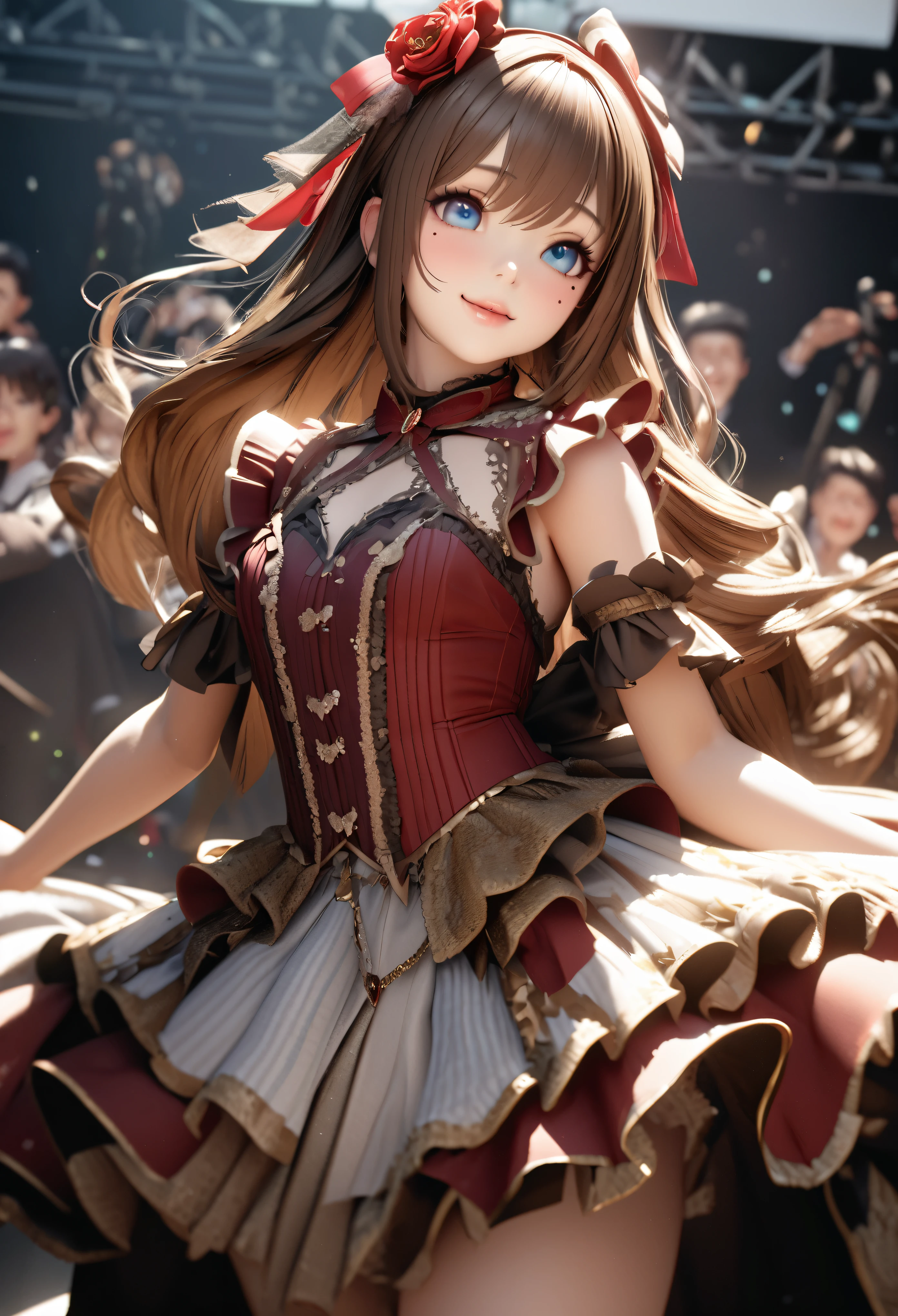 One Girl、Looking at the audience、
Beautiful Blue Eyes、Brown long hair、Mole under the eye、Plump and glossy lips、Heart-shaped choca、Idol、smile、ー、。.。.。.。.。.。.。.。.。.。.。.。.。.。.。.。.。.。.3D、Realistic、
Princess dress with too many frills、Drape clothes、gem、The decoration has been removed、Floral、Lace trim、bright stage、
masterpiece、highest quality、8k、Detailed skin texture、Detailed cloth texture、Beautifully detailed face、Intricate details、Very detailed、
超A high resolution、8K Ultra HD、Film Grain、Best Shadow、delicate、Gazing at the audience、front