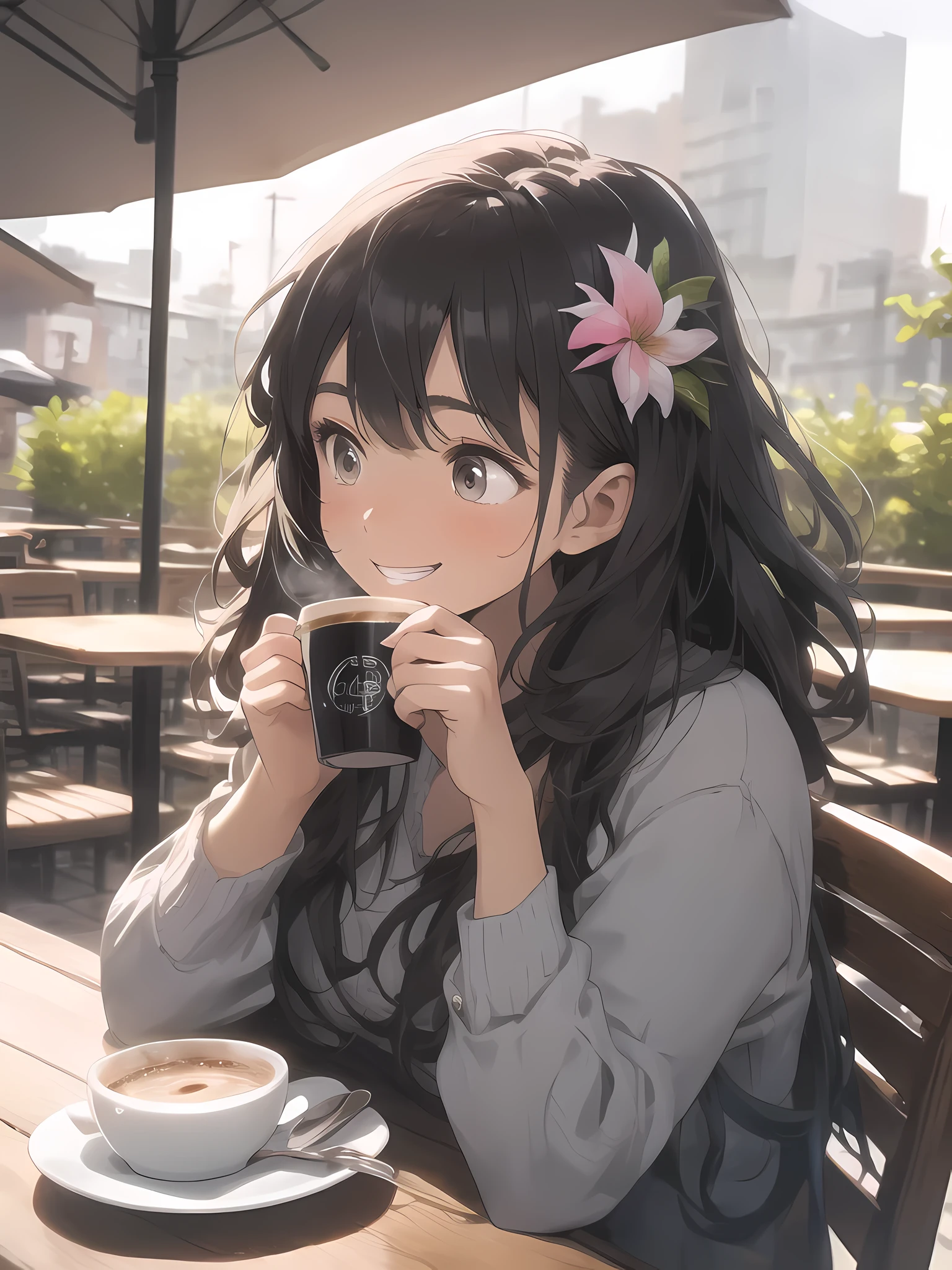 (looking away:1.2),(masterpiece:1.2), (best quality),(ultra detailed),(extremely detailed),(absolutely resolution) ,absurdres,8k, 1girl-drinking-hot-coffee, cafe, city, sitting-on-the-chair, grin, cake, mountain, flowers-pods, windy, 
BREAK,  ultra detailed eyes, long hair, messy hair, (gradation hair:1.2),