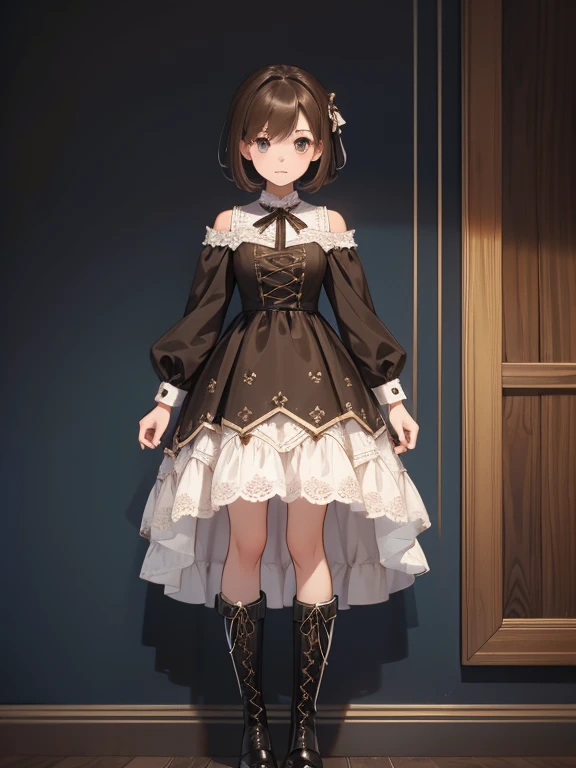 1girl、Standing in front of the viewer、Masterpiece、Official Art、high waist、Brown and dark brown houndstooth A-line dress、Sharp piping at transitions and edges、Super detailed、super beautiful、white straight short hair、Knee-high boots、