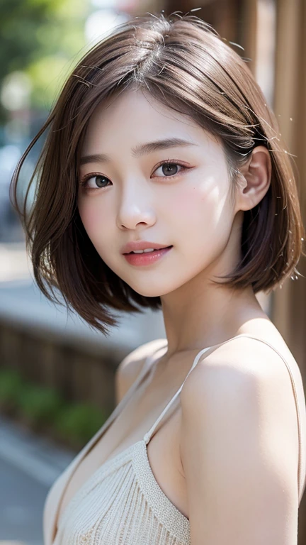 With the alleys of Kyoto in the background、18-year-old girl、independent、look forward to、Light eye makeup、Brown Hair Color、flat 、Hair blowing in the wind、quality of actress、Shiny, Ultra-realistic faces、smileの表情、Watery eye、look up、Calming lighting effects、 Ultra-Realistic Capture、Very detailed、High resolution 16K human skin closeup。Skin texture must be natural、Must be so detailed that pores are visible、skin is healthy、Must be even tone、Use natural light and color、High quality photos taken by a modeling agency&#39;Exclusive photographer、smile