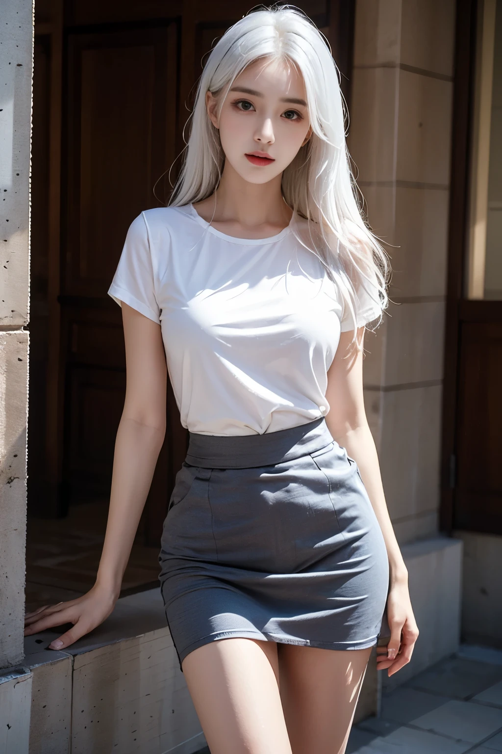 best quality, masterpiece, Ultra-high resolution, (Reality:1.4), original photo, (Perfect body shape), 1 girl, white hair, Above the waist, Solitary, , skirt