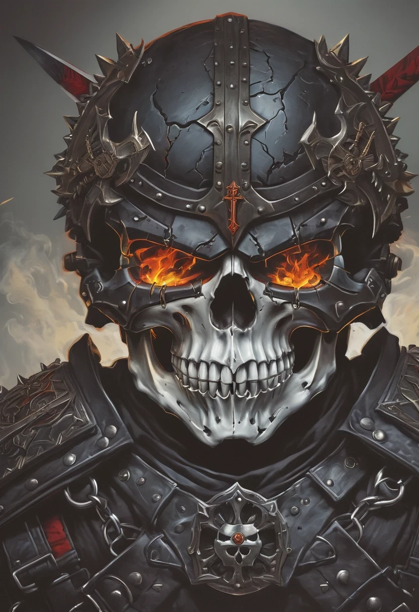 Ice and fire skull with a shield and two swords, of spiked gears of war skulls, skull design for a rock band, heavy metal tshirt design, style of hydro74, heavy metal art style, skull paint, helghast, heavy metal artwork, skull image on the vest, hq artwork, gears of death, detailed digital artwork, fantasy skull