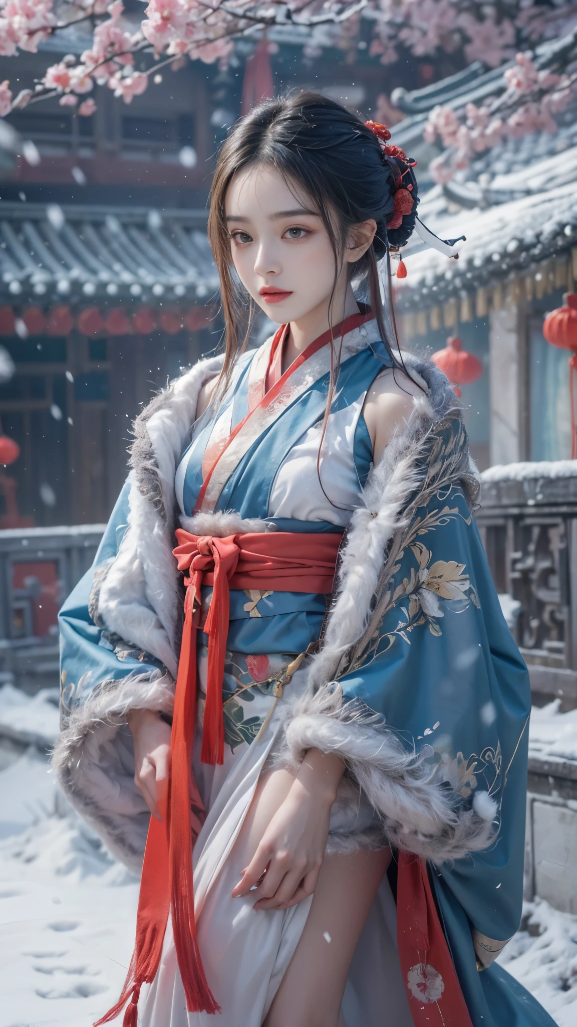 best quality， masterpiece，8k，（Realistically：1.4），Ultra-high resolution，1 girl，Ultra-realistic skin， Ultra Detailed， Surreal， Highly detailed CG illustrations， official art， Movie Lighting， Practical， Young beautiful girl，Perfect body， Full view，enjoy expression，（Start from below：1.3）， (Sexy pose， Sexy thighs)， confidence， Beautiful and sexy， ((Gorgeous Chinese Hanfu))，cropped shoulder，S-Shape Pose， blush， Chapped lips， View Viewer ， half body shot ， (fur-edged cloak:1.2) ，(Chinese pavilions)，It snowed heavily，The ground is covered with snow，