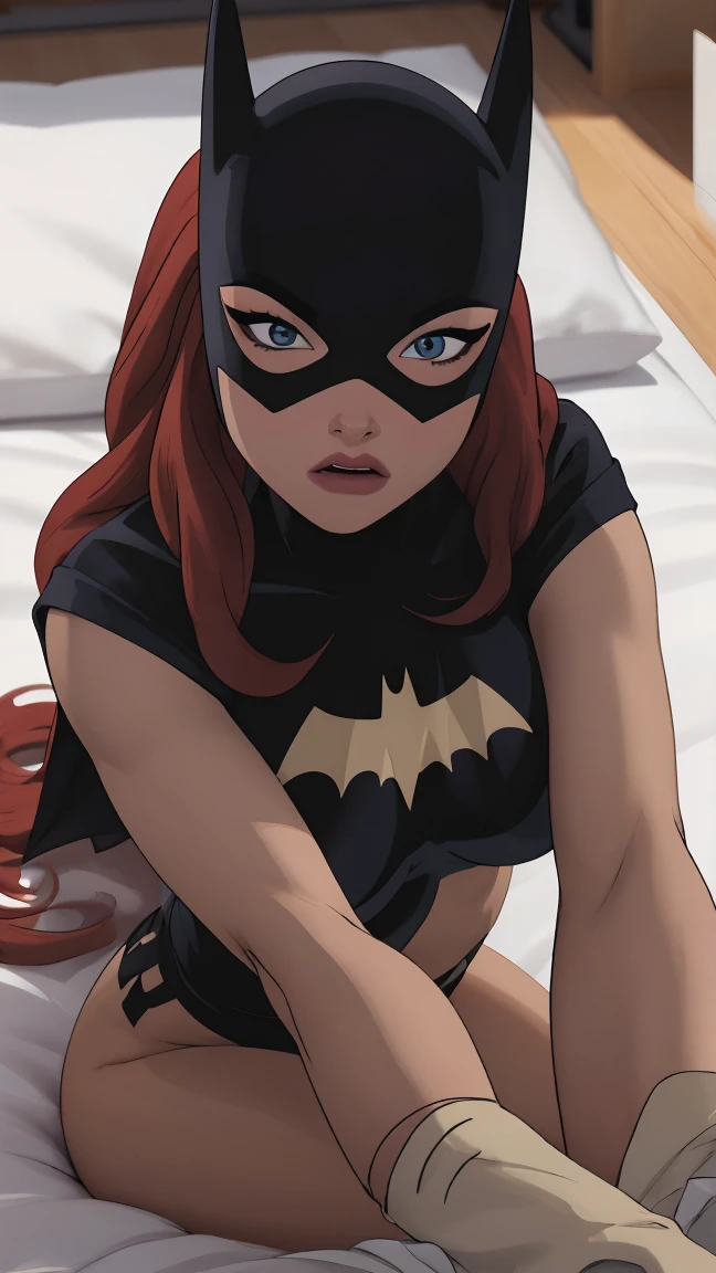 1 girl,lying face down on the futon, she is draped on bed, ??? up ، very dim lighting ،long hair, All hair color is red wavy wet hair，eyelashes and  eyebrows，((Face red with embarrassment))，???????????，thin waist，bubble booty, ???? perfect body，Super high quality，Detailed depiction,4K,  crystal blue eyes, full body, ?????? hardcore, batgirl black top tank