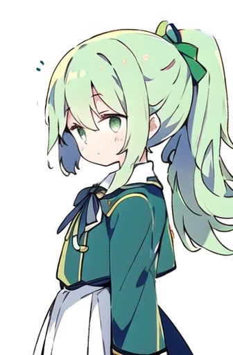Expressionless face,Anime Style,profile,White background,Green Hair,ponytail,ribbon, One girl,Bright green eyes,uniform,