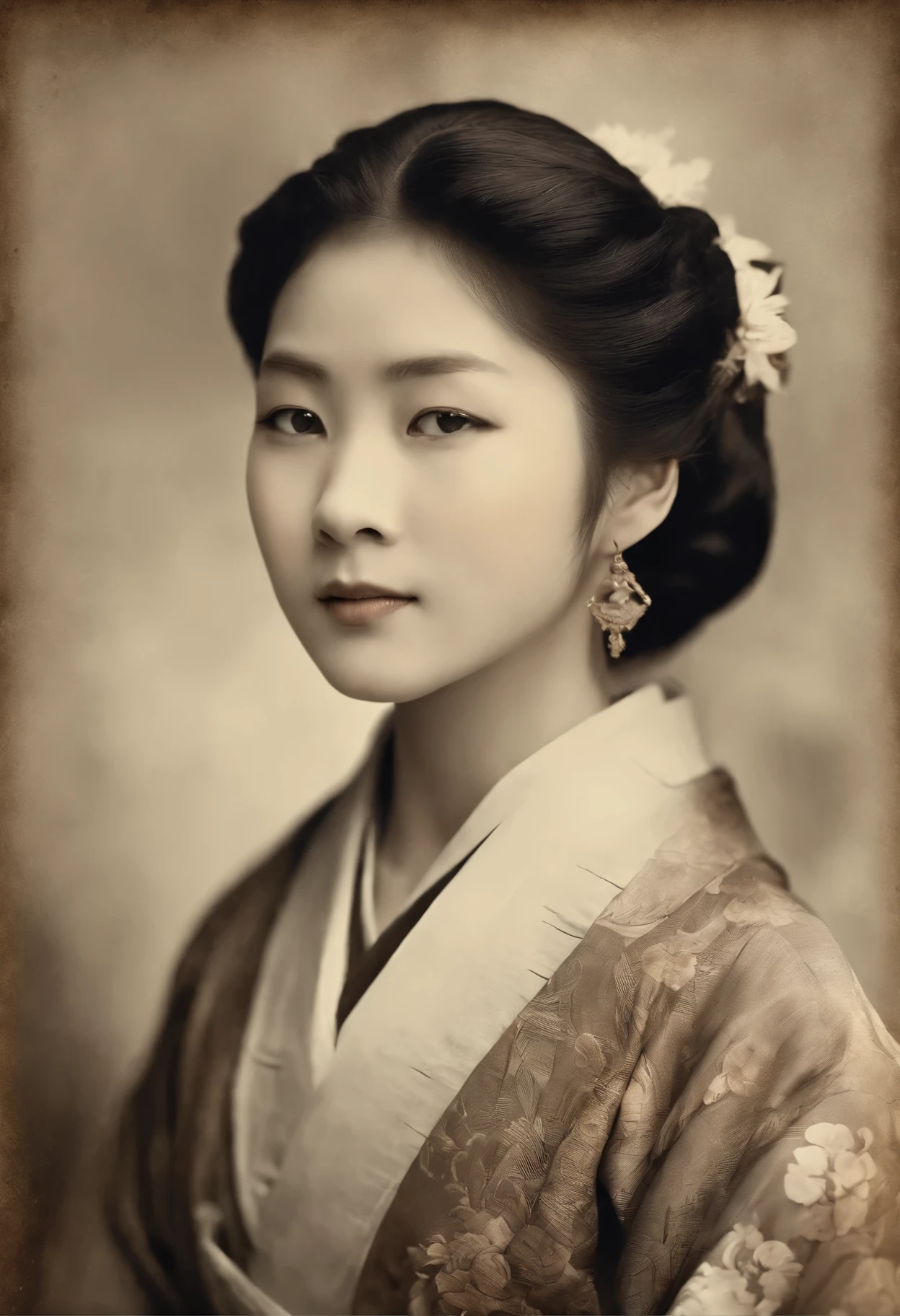 'A vintage sepia-toned photograph of a young Japanese woman from the late 19th and early 20th century, set amongst weathered decorative borders. Her expression is thoughtful and calm, with a gentle smile. Her hair is elegantly tied in a traditional style and she wears an intricately patterned kimono. The photograph captures the essence of nostalgia and offers a glimpse of a bygone era. The clothes and the old appearance of the photograph emphasise the historical significance and personal connection to the past, enhancing the overall antique atmosphere. The effect is to add a dust-and-scratch radius of 9px and noise of 16%.