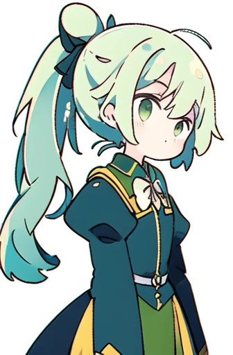 Expressionless face,Anime Style,profile,White background,Green Hair,ponytail,ribbon, One girl,Bright green eyes,uniform,