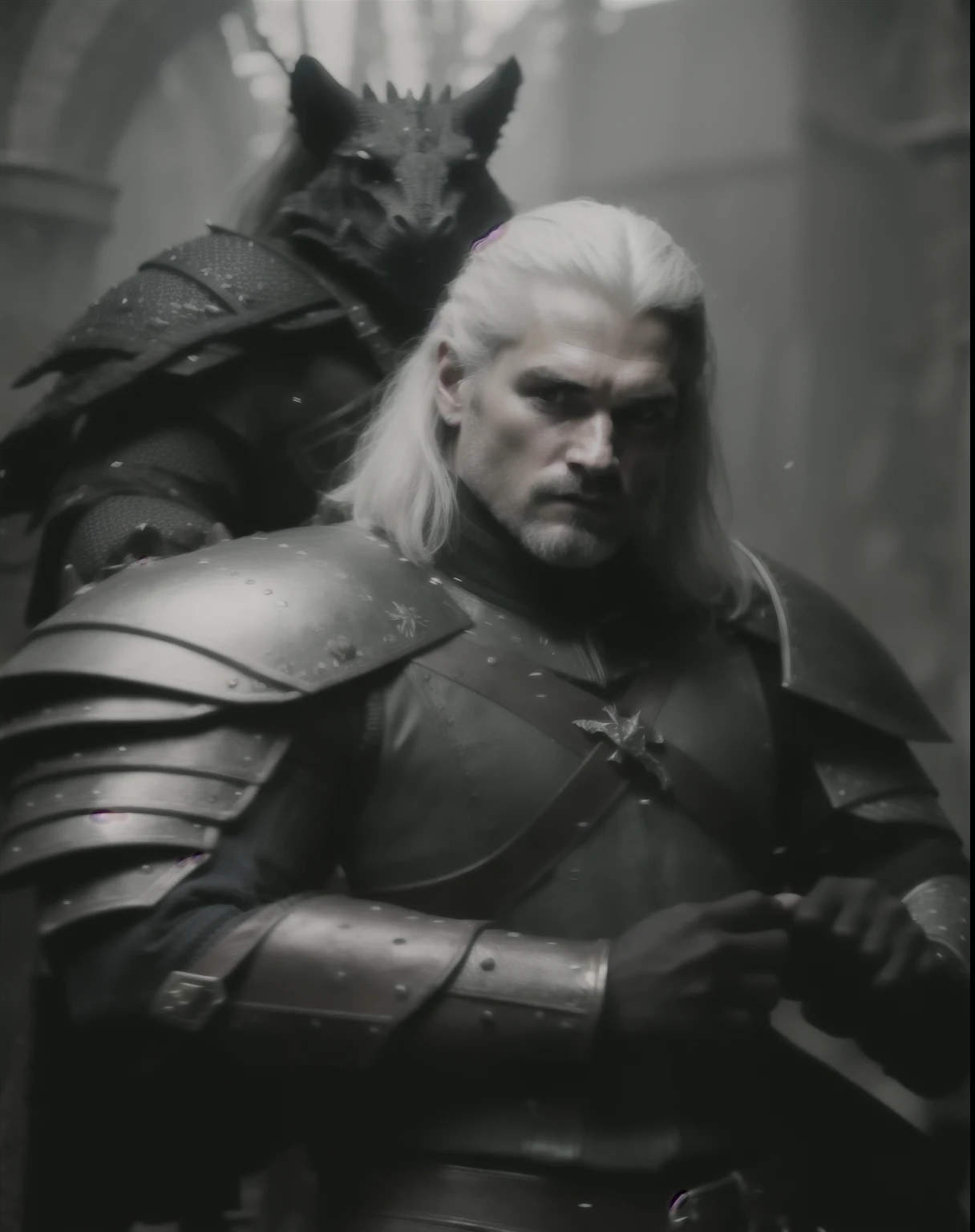 there is a man in armor holding a dragon on his shoulder, from witcher (2021), henry cavill as geralt of rivia, the witcher, geralt, geralt of rivia, mario as the witcher, witcher, keanu reeves as geralt of rivia, portrait of geralt of rivia