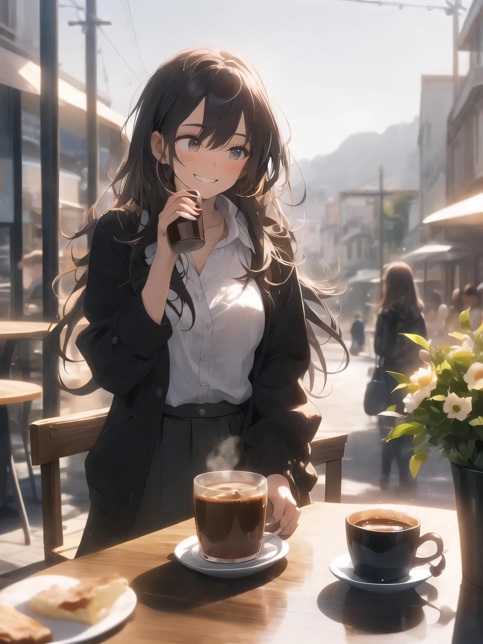 (looking away:1.2),(masterpiece:1.2), (best quality),(ultra detailed),(extremely detailed),(absolutely resolution) ,absurdres,8k, 1girl-drinking-hot-coffee, cafe, city, sitting-on-the-chair, grin, cake, mountain, flowers-pods, windy, 
BREAK,  ultra detailed eyes, long hair, messy hair, (gradation hair:1.2),