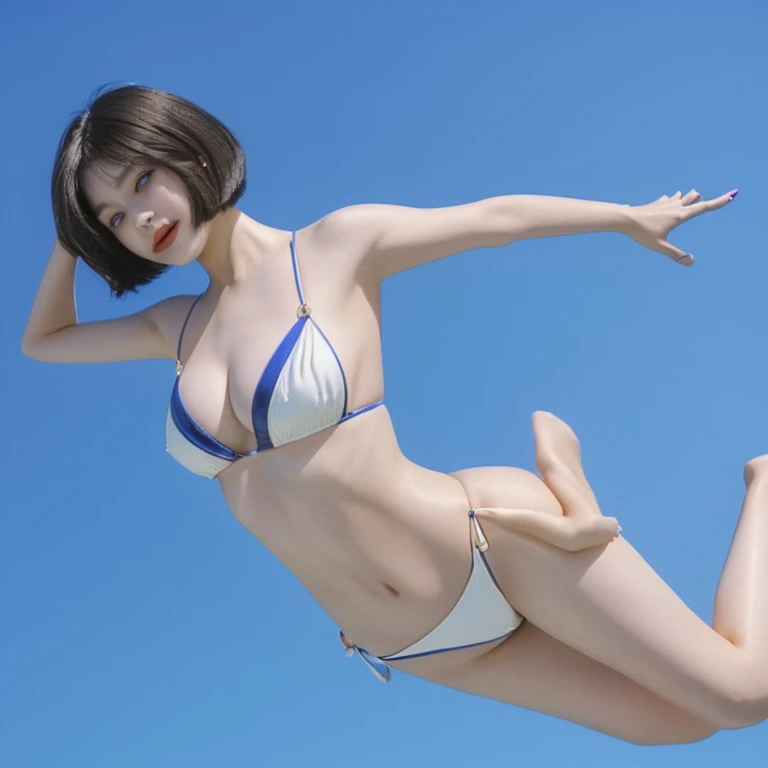 A beautiful woman in her late twenties with a bob cut is skydiving4000Meters)、She is sensual、Micro Bikini、very sexy swimsuit、They spread their arms and legs、Looks like you're having a lot of fun.!
