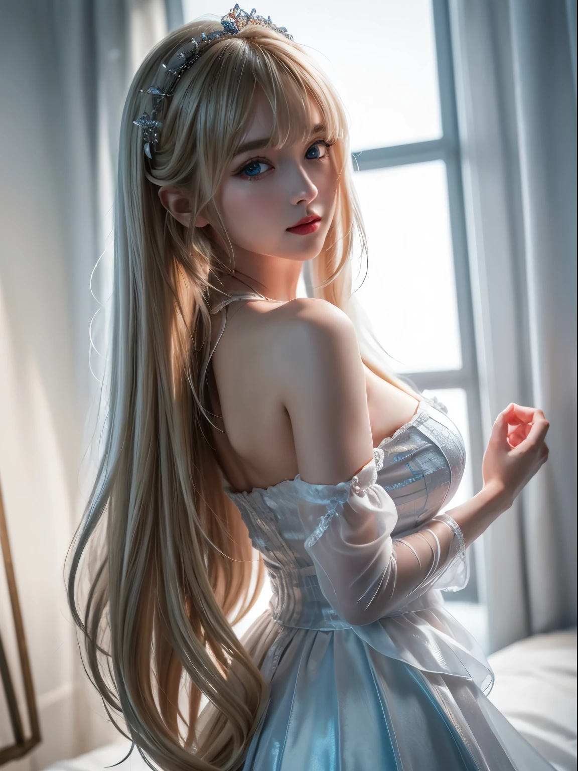 tmasterpiece，best qualtiy，8K，detailed skin textures，Detailed cloth texture，beautifull detailed face，Complicated details，Solo，the ultra-detailed，1girll，long wavy blond hair，Blushlush，（eyes reflection，is shy），（The skin is pale and smooth，Skin reflects light），Skin oiled：1.3，（Moist white than dress，Dynamic pose），（（mediuml breasts）：1.2，Exposing thighs），nighttime scene，Side view，cowboy lens,(((pussy))),(((show pussy))),((pussy leak water)),((Palace)),((her pussy leak some creamy pussy juice))