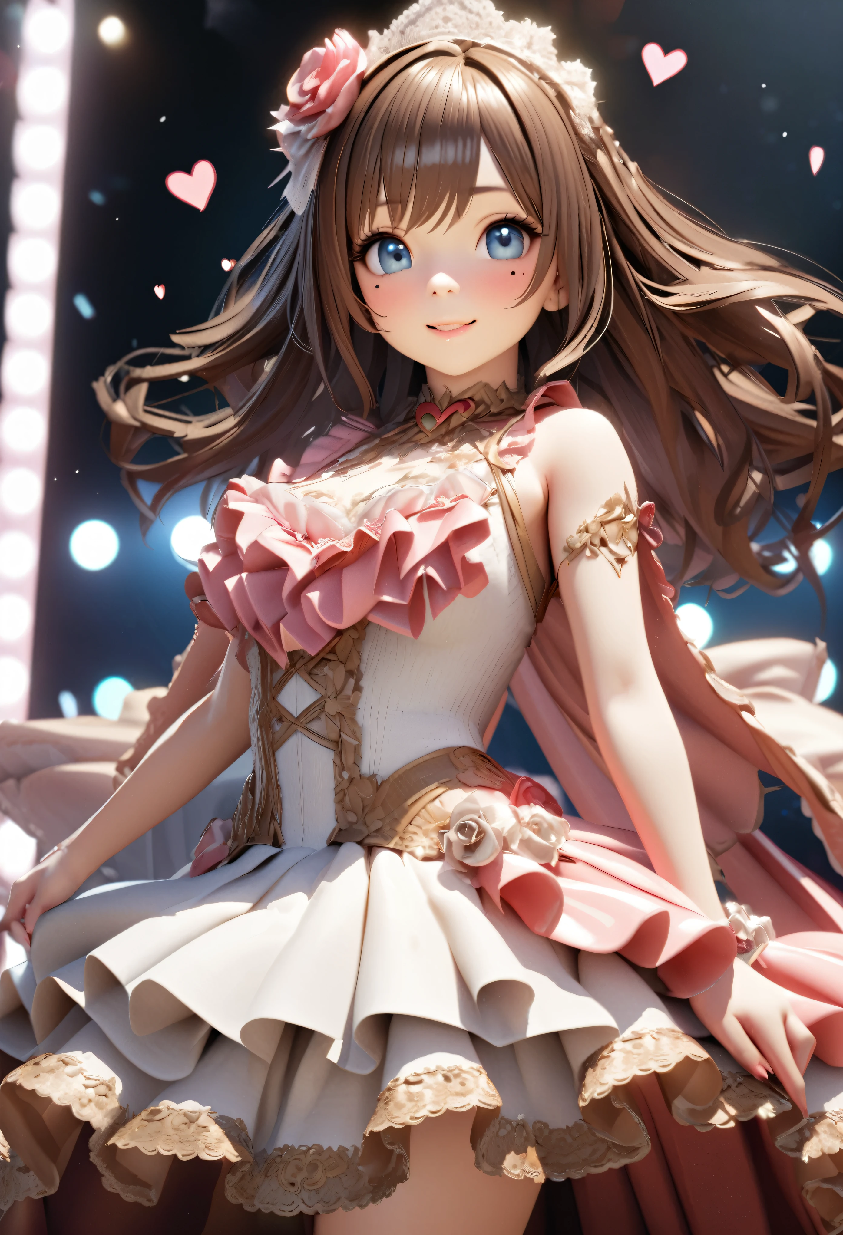 One Girl、Looking at the audience、
Beautiful Blue Eyes、Brown long hair、Mole under the eye、Plump and glossy lips、Heart-shaped choca、Idol、smile、ー、。.。.。.。.。.。.。.。.。.。.。.。.。.。.。.。.。.。.3D、Realistic、
Princess dress with too many frills、Drape clothes、gem、The decoration has been removed、Floral、Lace trim、bright stage、
masterpiece、highest quality、8k、Detailed skin texture、Detailed cloth texture、Beautifully detailed face、Intricate details、Very detailed、
超A high resolution、8K Ultra HD、Film Grain、Best Shadow、delicate、Gazing at the audience、front