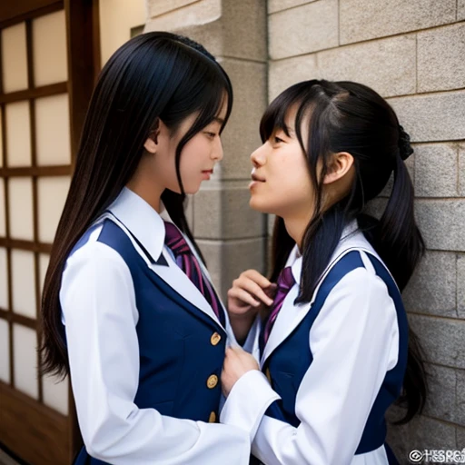 Two Japanese  girls in revealing uniforms kissing