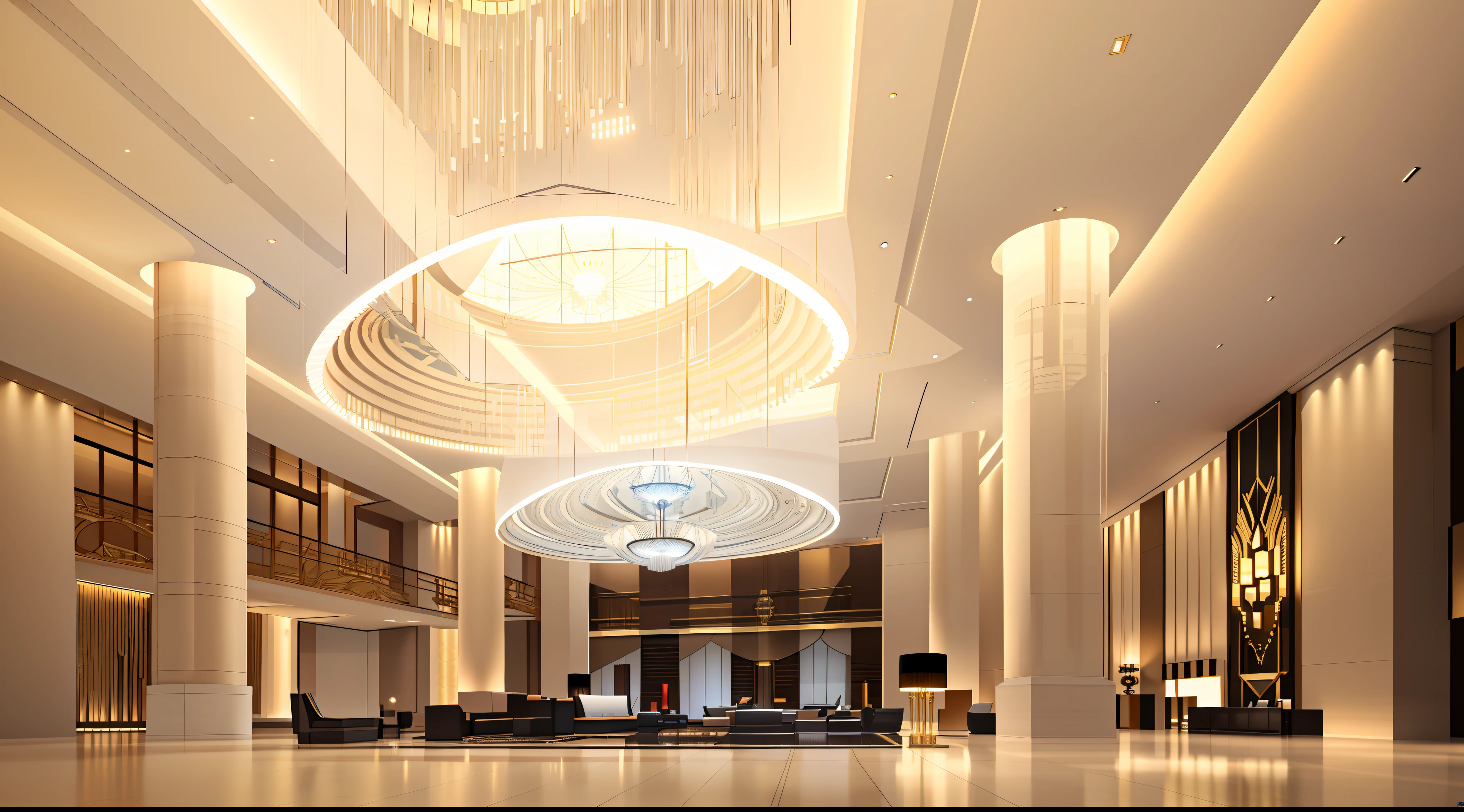 There are many lights hanging from the ceiling of the large lobby, CG rendering, building rendering, mantra rendering, luxurious environment, Exquisite rendering, high quality rendering, luxury hd render, impressive lighting, futuristic government chambers, dramatic rendering, interior architecture view, Grand!, architectural 3 d render, inside a grand, architectural render, Dramatic lighting. concept-art, rendering