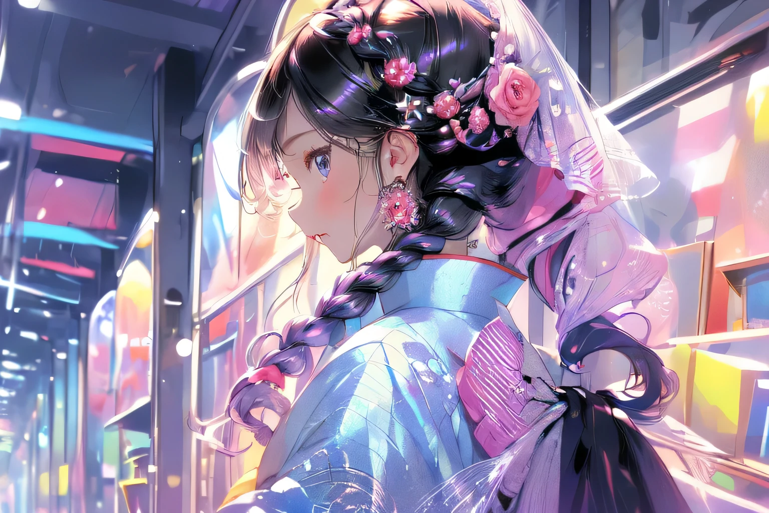 (masterpiece:1.2), highest quality,pixiv,Colorful portrait,
One girl, alone, jewelry, Earrings, Long Hair, Braiding, profile, Upper Body, bangs, blue eyes, From the side, Veil, kimono, Long sleeve, kimono, pale purple hair, Black background, single Braiding, blush, See-through,18-year-old,Rose