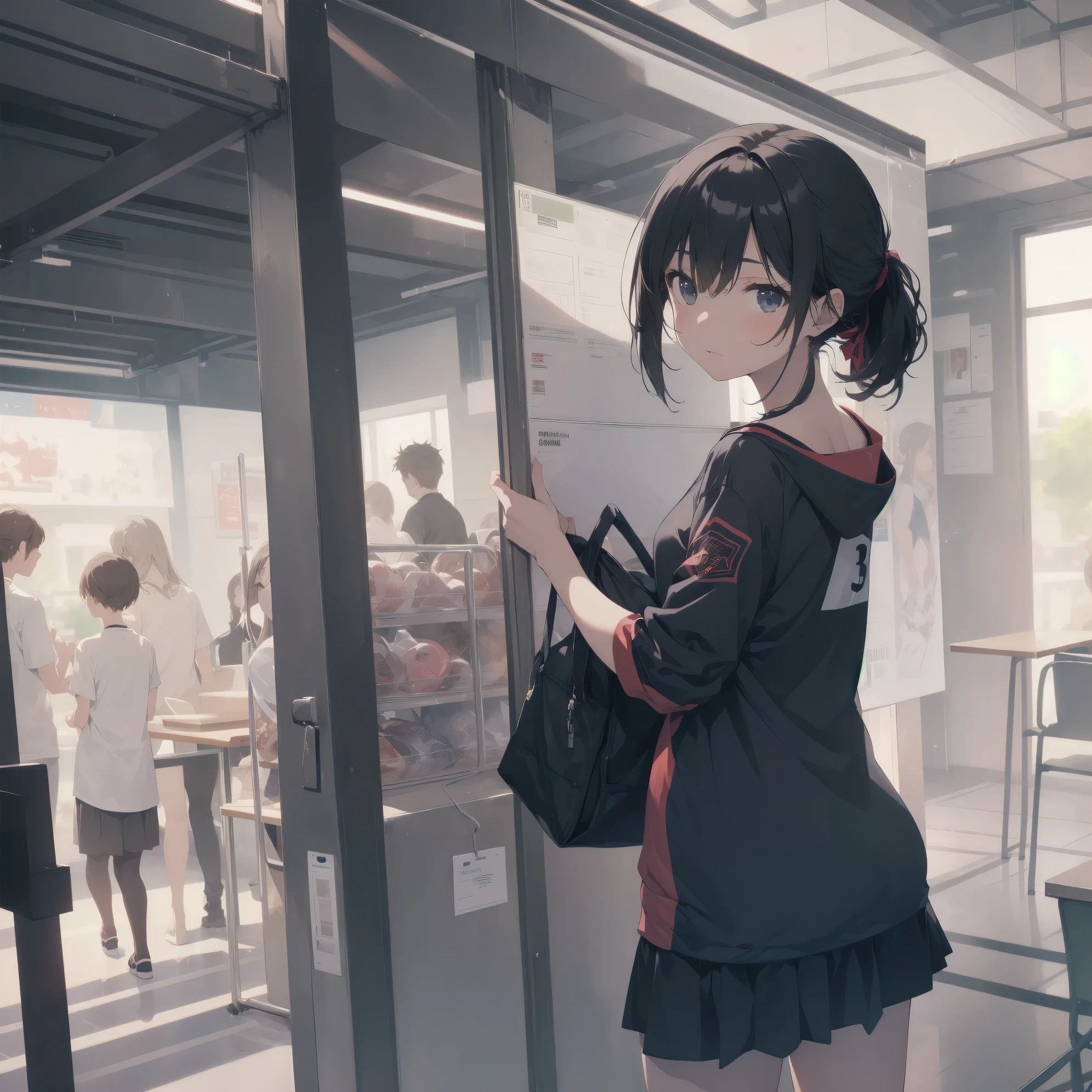 ultra-absurdres-Top quality by artist God, ultra-detailed, high resolution, anime moe artstyle, best anime 8k konachan wallpaper, pixiv contest winner,pool:2810, perfect anatomy,break, 1girl, (Please draw a girl walking smily to school alone. )break,(Solo,little female, -yeld:1.Full limbs, complete fingers, (very short hair), ponytail, flat chest, , small butt, small black eyes, beautiful detailed eyes, well-proportioned iris and pupils, expressive eyes, highres detailed hair, soft expression, school_gym uniform, official_alternate_costume, short gym shorts,(Detailed Lighting), (Detailed background), in the School commute route. break,super detailed skin, Best cinematic lighting powered by famous artist, 8k,beauty illustration,photoshop_(medium),very aesthetic,break,((artist:ixy )), artist:akinashi yuu ,artist:oyari ashito ,artist:kantoku ,