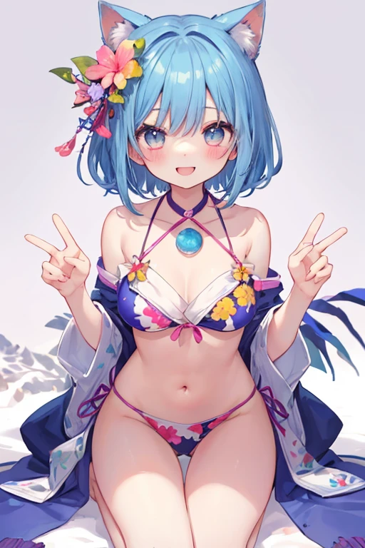 Beautiful illustrations, highest quality, pretty girl,beautiful girl、clear face、 Half-Japanese girl、pastel colour 、blush、Perfect hands、Five fingers、Fantasy、Fantasy、Thighs、(Perfect Face:1.1), smile、Simple swimsuit、bikini、Blue Hair、naked、全naked