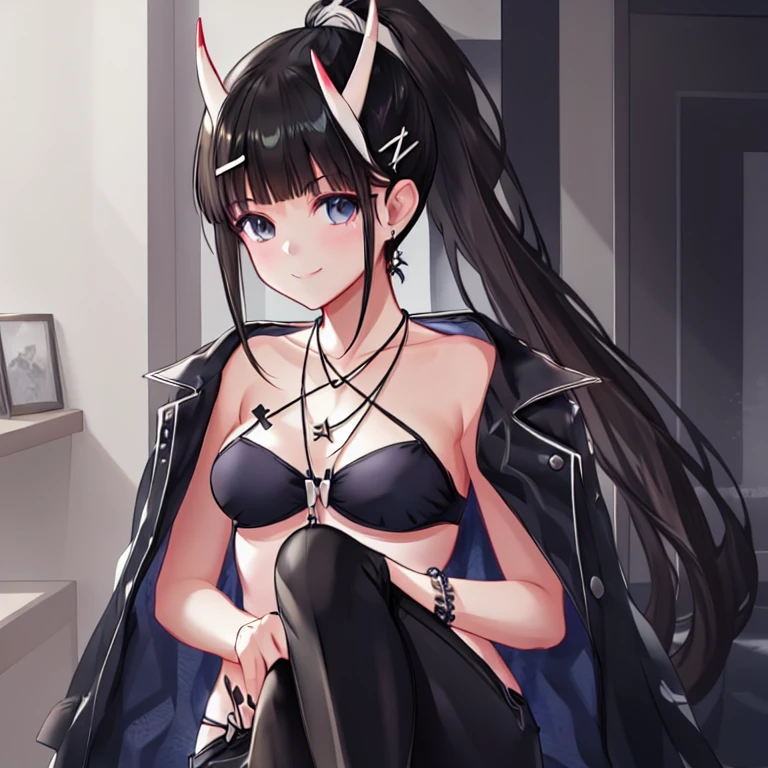 1girl, city,BREAK zozo-nosiro,oni horns,black hair,black eyes, long hair, ponytail, black bikini,black jacket, boots, bracelet,black enamel pants,pendant, BREAK smile,sitting, BREAK, (dark light:1.2),(hyper extreme detailed),(masterpeace:0.5),(hyper extreme),(photorealistic),game cg,llustration,novel illustration,beautiful lighting,light from the front,