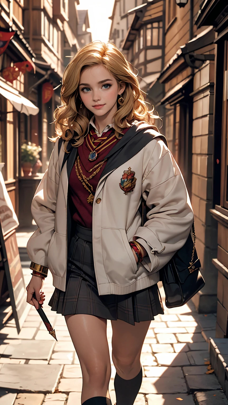 ((最high quality, 8K, masterpiece: 1.3, Ultra HD, high quality, 最high quality, High resolution, realism)) 、A 22-year-old extremely beautiful white woman、Hair color blonde、blue eyeedium Hair、Straight Hair、smile、Slender but well-proportioned body、Background blur((depth of field))、Aerial perspective((atmospheric perspective))、I want my head to stay off screen、Put an anklet on your ankle、Wearing red nail polish、I have a peticure、((Harry potter))Hermione Granger、Holding a magic wand、In Diagon Alley