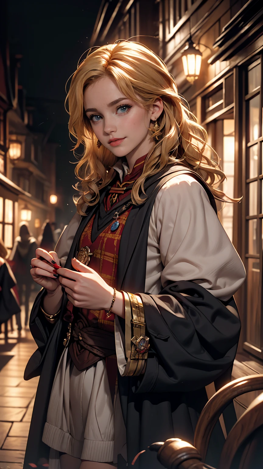 ((最high quality, 8K, masterpiece: 1.3, Ultra HD, high quality, 最high quality, High resolution, realism)) 、A 22-year-old extremely beautiful white woman、Hair color blonde、blue eyeedium Hair、Straight Hair、smile、Slender but well-proportioned body、Background blur((depth of field))、Aerial perspective((atmospheric perspective))、I want my head to stay off screen、Put an anklet on your ankle、Wearing red nail polish、I have a peticure、((Harry potter))Hermione Granger、Holding a magic wand、In Diagon Alley