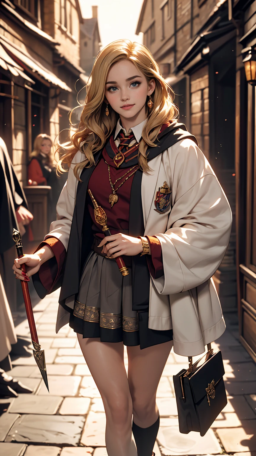 ((最high quality, 8K, masterpiece: 1.3, Ultra HD, high quality, 最high quality, High resolution, realism)) 、A 22-year-old extremely beautiful white woman、Hair color blonde、blue eyeedium Hair、Straight Hair、smile、Slender but well-proportioned body、Background blur((depth of field))、Aerial perspective((atmospheric perspective))、I want my head to stay off screen、Put an anklet on your ankle、Wearing red nail polish、I have a peticure、((Harry potter))Hermione Granger、Holding a magic wand、In Diagon Alley