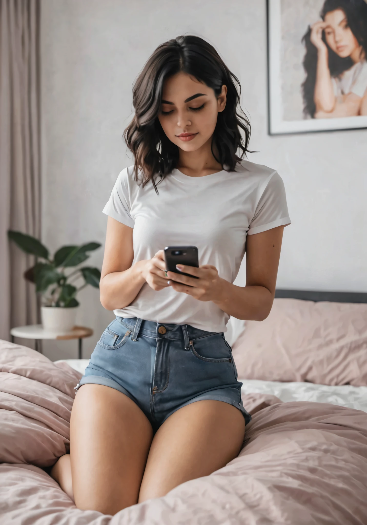 Photo of a girl at her smartphone on a bedroom, plum body, medium breast, plump body, wearing short pants and t shirt, black wavy hair