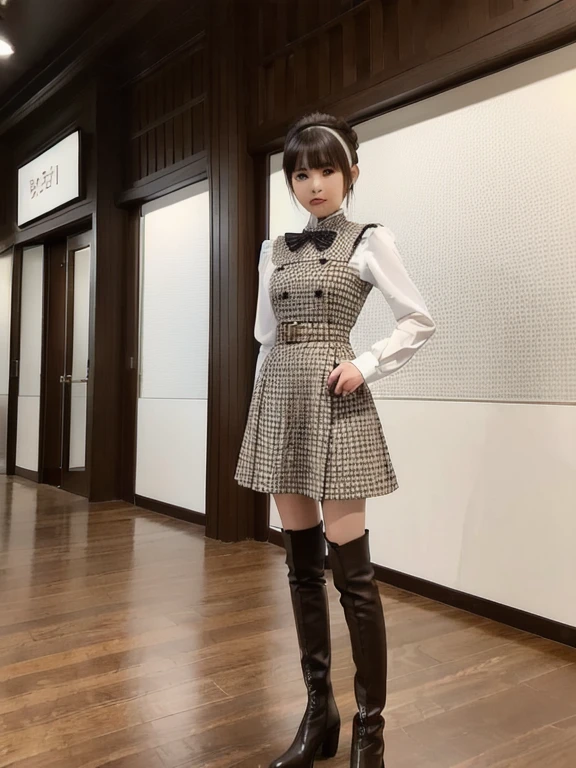 1girl、Standing in front of the viewer、Masterpiece、Official Art、high waist、Brown and dark brown houndstooth A-line dress、Sharp piping at transitions and edges、Super detailed、super beautiful、white straight short hair、Knee-high boots、