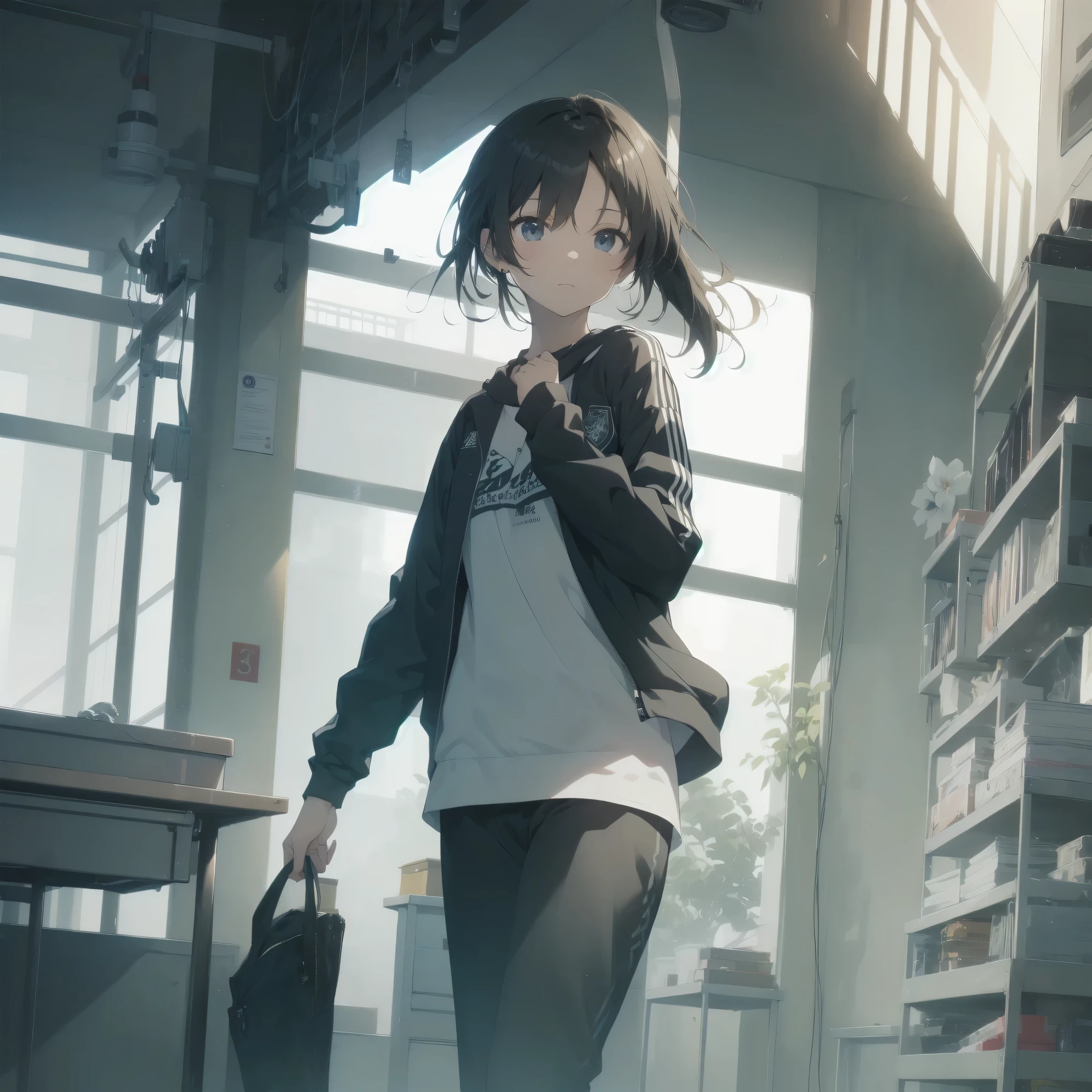 ultra-absurdres-Top quality by artist God, ultra-detailed, high resolution, anime moe artstyle, best anime 8k konachan wallpaper, pixiv contest winner,pool:2810, perfect anatomy,break, 1girl, (Please draw a girl walking smily to school alone. )break,(Solo,little female, 13-year-old:1.3),Full limbs, complete fingers, (very short hair), ponytail, flat chest, , small butt, small black eyes, beautiful detailed eyes, well-proportioned iris and pupils, expressive eyes, highres detailed hair, soft expression, school_gym uniform, official_alternate_costume, short gym shorts,(Detailed Lighting), (Detailed background), in the School commute route. break,super detailed skin, Best cinematic lighting powered by famous artist, 8k,beauty illustration,photoshop_(medium),very aesthetic,break,((artist:ixy )), artist:akinashi yuu ,artist:oyari ashito ,artist:kantoku ,