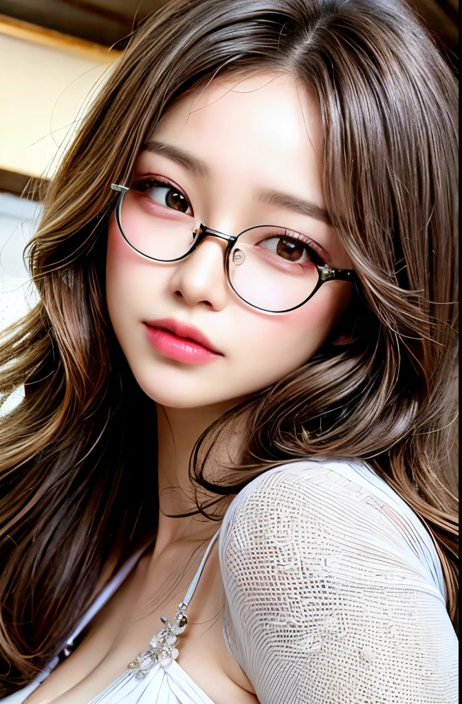 (upper body),(masterpiece,ultra detailed quality:1.4),(8k full color,raw photo,photo realistic:1.2),
shiny skin,shiny hair,detailed skin,Beautiful detailed eys,exquisite face,japanese idol,Professional Lighting,
light on face,(lipgloss:1.4),
a big rimmed glasses,Slightly pointy lips,wavy hair,wearing competition swimsuit,