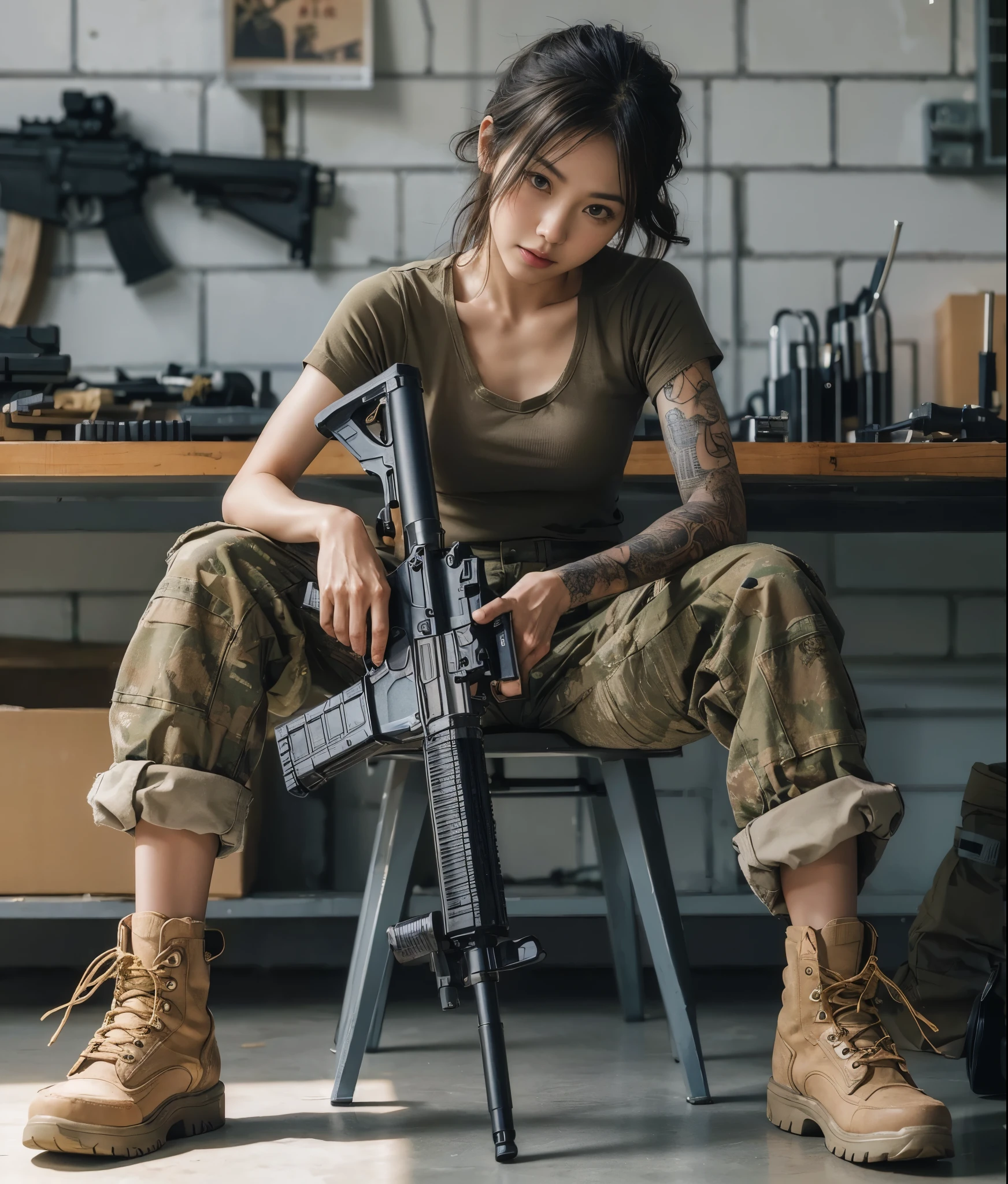 8K, realistic photo, realistic skin texture, beautiful Japanese American female US Army soldier, simple warehouse, sitting on a simple chair and maintaining an automatic rifle, maintenance, Automatic rifles do not have magazines installed.Automatic rifle parts on the table、military pants, boots, tattoos, T-shirt, toned body