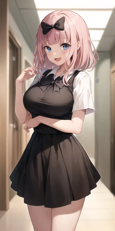 2d, masterpiece, best quality, anime, highly detailed, cowboy shot, 1girl, solo, fujiwara chika, blue eyes, pink hair, hair bow, black bow, , summer uniform, large breasts, standing, indoors, hallway, :d