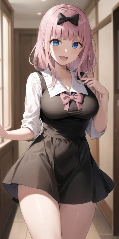 2d, masterpiece, best quality, anime, highly detailed, cowboy shot, 1girl, solo, fujiwara chika, blue eyes, pink hair, hair bow, black bow, , summer uniform, large breasts, standing, indoors, hallway, :d