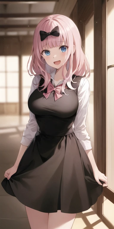 2d, masterpiece, best quality, anime, highly detailed, cowboy shot, 1girl, solo, fujiwara chika, blue eyes, pink hair, hair bow, black bow, , summer uniform, large breasts, standing, indoors, hallway, :d