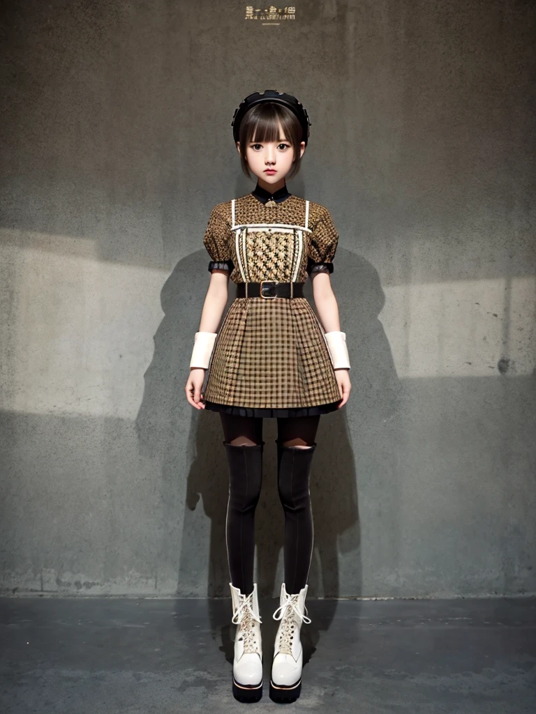 1girl、Standing in front of the viewer、Masterpiece、Official Art、high waist、Brown and dark brown houndstooth A-line dress、Dark piping、Super detailed、super beautiful、white straight short hair、Knee-high boots、