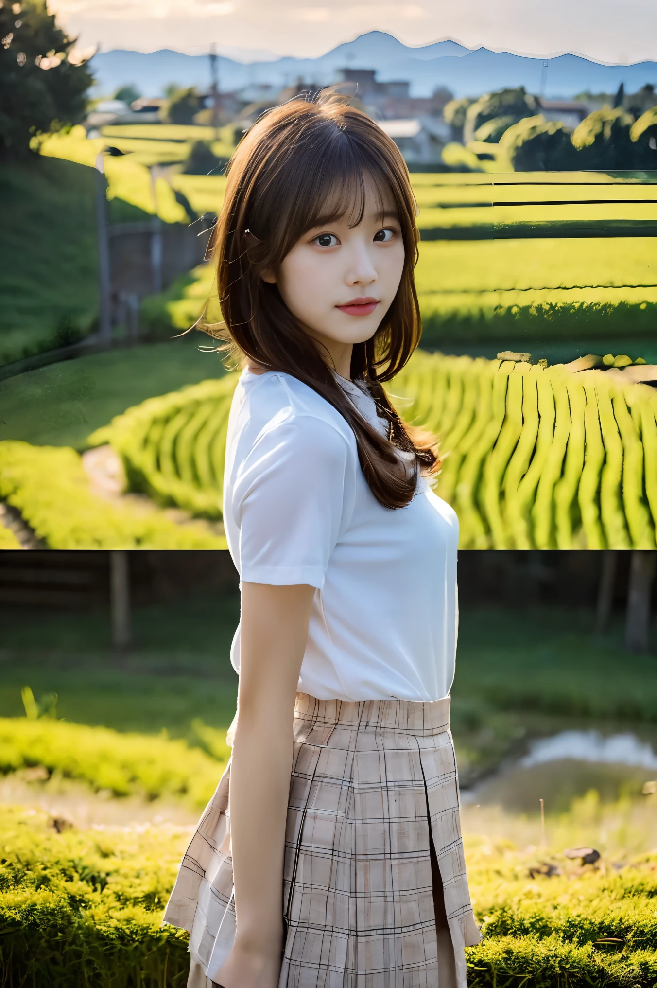 (8k, RAW Photos, highest quality, masterpiece:1.2), (Realistic, photo Realistic:1.4), Hyperrealism, (masterpiece), (High resolution), (Very detailed), (Best Shadow), Realistic shadow, 超High resolution, (Detailed face:1.4), Perfect Skin, Realistic skin texture, Detailed skin texture, Depth of written boundary, natural blurry, Professional Lighting, (Soft saturation:1.3), professional portrait photography,
break
japanese beautiful female idol, cute, young, Innocent Girl, (), Baby Face, Fs, Round face, Black Hair, Blunt bangs, Fluffy short hair,
Beautiful Eyes, good looking, Beautiful Face, (Fair skin:1.4, Soft Skin), No makeup, melancholy,
(thin),
, Knee-length skirt, Dark Blue Skirt, Pleated skirt, Short sleeve, bow tie, (White shirt), Backpack,
Upper Body, From the side,
View your viewers, Standing in a rice field,
break
(sunset), (Her hair is fluttering in the wind:1.4), Rural Scenery, path between rice fields, So many (Hydrangea), full bloom, colorful, Flowers, Fascinating, Magic, Dramatic Sky, On the way home, Golden Hour, (Warm tones:1.2), Soft Shadows, Solar flare,