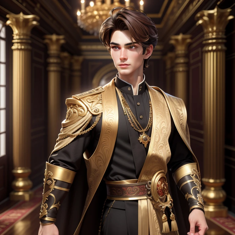 masterpiece, best quality,3d rending work ,3DMM style,close-up,portrait, 3D,male,20 year old, handsome, mature, perfect face, perfect eyes, sculpted jaw, brown hair, short hair, bare forehead, shining brown eyas, masculine, manly, cool, messy, rough, wearing black princely clothes with gold decoration,i in a large palace hall), simple background,extremely detailed, one picture, ultra detailed,best quality,