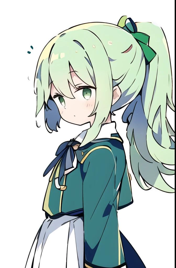 Expressionless face,Anime Style,profile,White background,Green Hair,ponytail,ribbon, One girl,Bright green eyes,uniform,