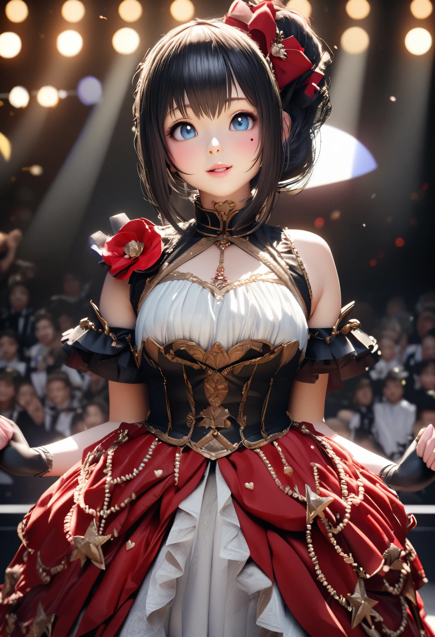 One Girl、Looking at the audience、
Beautiful Blue Eyes、Long black hair、Mole under the eye、Plump and glossy lips、Heart-shaped choca、Idol、smile、ー、。.。.。.。.。.。.。.。.。.。.。.。.。.。.。.。.。.。.3D、Realistic、
Princess dress with too many frills、Drape clothes、gem、The decoration has been removed、Floral、Lace trim、bright stage、
masterpiece、highest quality、8k、Detailed skin texture、Detailed cloth texture、Beautifully detailed face、Intricate details、Very detailed、
超A high resolution、8k Ultra HD、Film Grain、Best Shadow、delicate、Staring at the audience、front