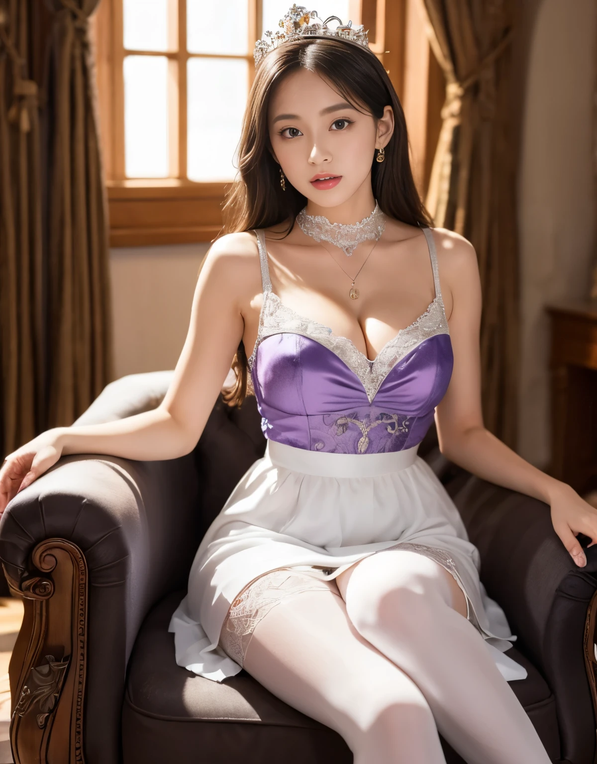 Arapefi, （Purple princess dress，1.8）， seated on a throne， wearing high heels，Place your hands on your chest，Wear a crown，choker necklace，Look from the front，close-up from the front，next to a window, sitting in a castle, Sense of transparency，（oversized ，1.5），Expose cleavage，Turn around and look at the camera，tmasterpiece，Flawless，Sense of transparency，Empty inspiration，More details and decoration，Exposing thighs，8K，（Wear decorations such as rings，1.9），White-colored skin，Ornate ornament，White waist stockings，one-girl，(Dissection is correct，PremiumQuality, high detal, Masterpiece）