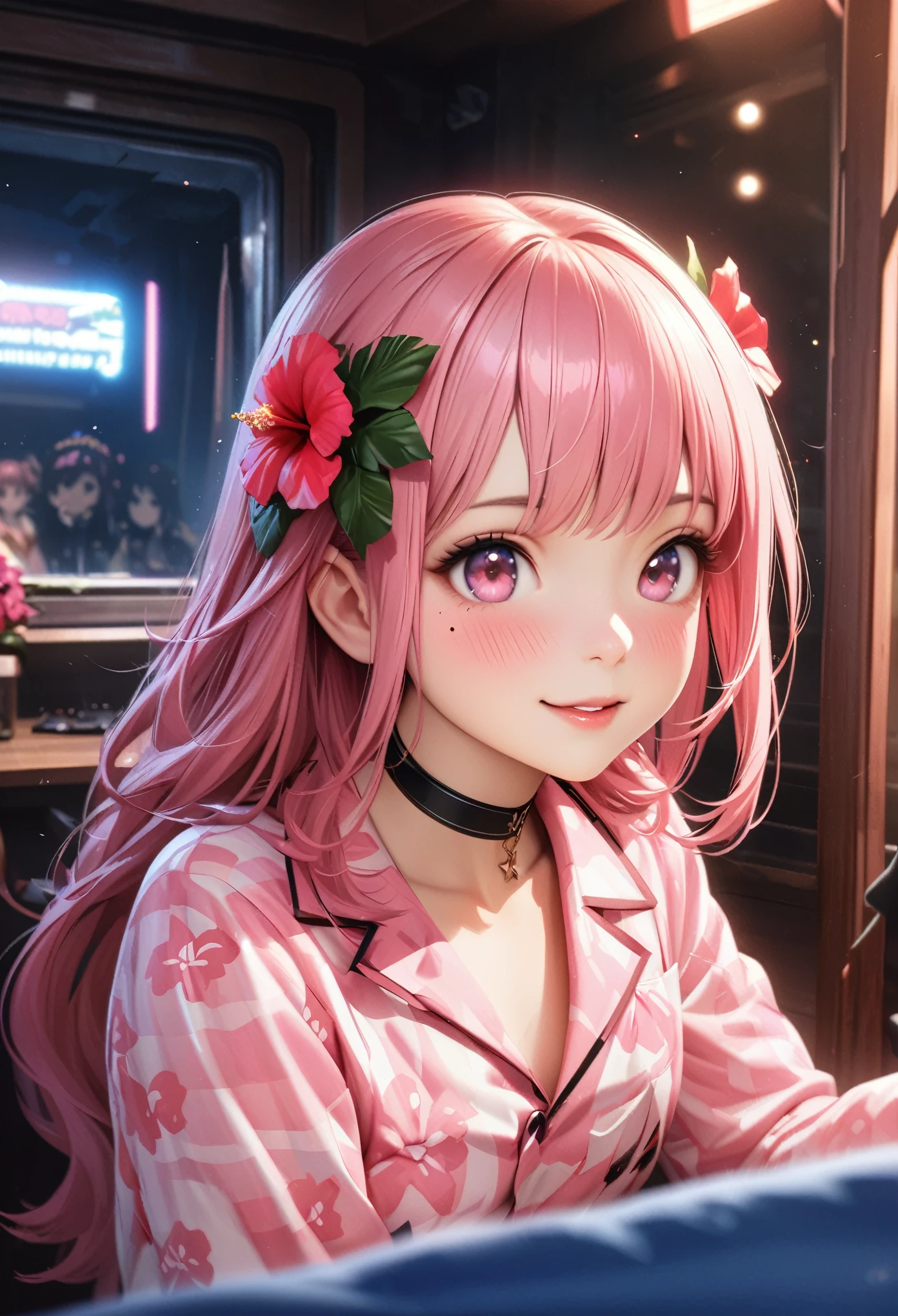 masterpiece, highest quality, Very detailed, High resolution, Expensive resolution, High resolution, 4K, 8k, unity 8k wallpaper, Very detailed CG, masterpiece, Realistic、 Beautiful details, depth, Fine texture, highest quality: 1.3, Total concentration, Crisp skin, he, Very cute anime, Cute like an idol, expensive pink long hair, One Girl, Aloha One Pajamas, night、 Hibiscus Hair Accessories, Smiling long pink hair, whole body, Mole under eye, Line Sight, expensive, blush, Lips parted, heart, Pink Eyes, choker