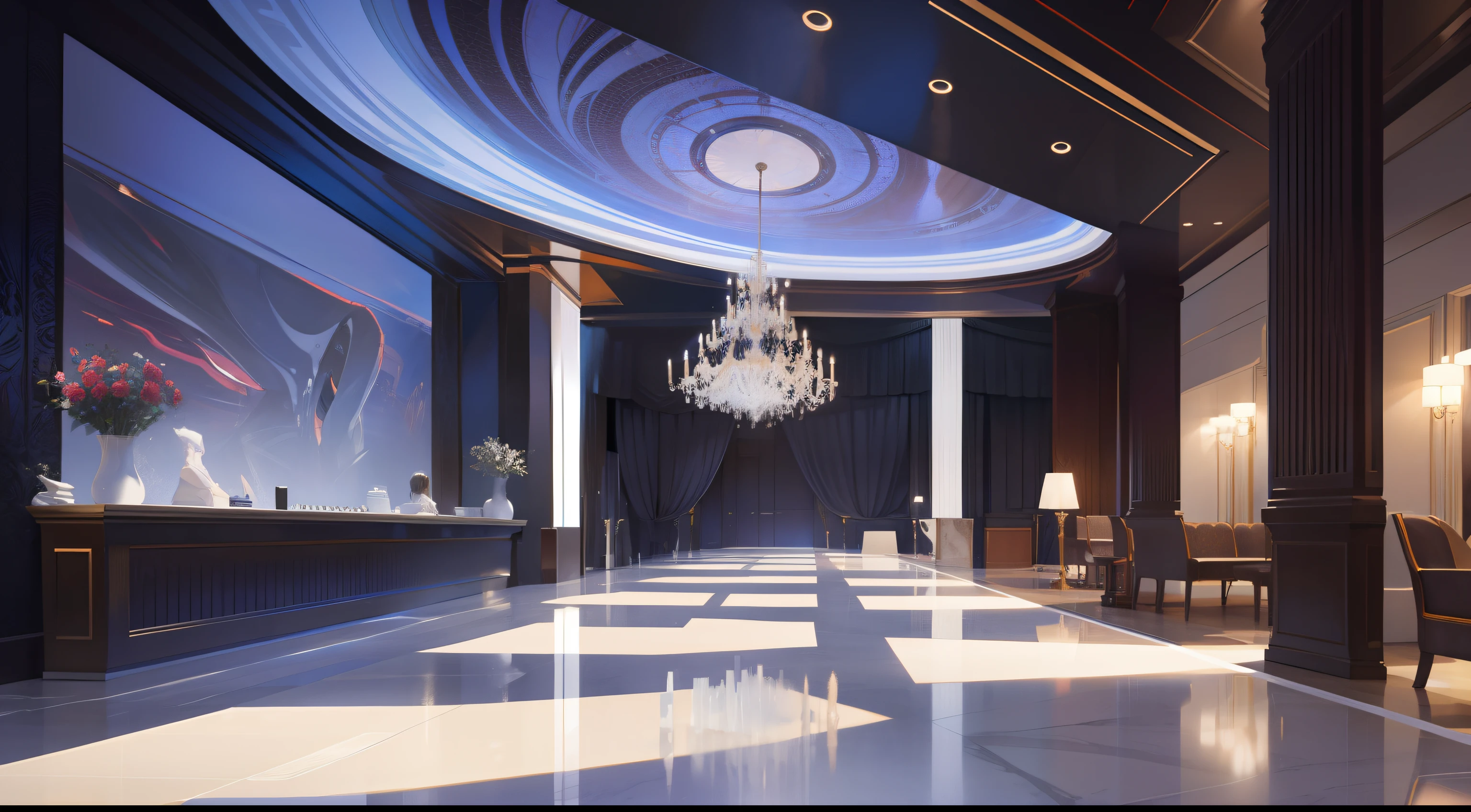 top-quality、masterpiece、Hotel lobby designed by Zaha Hadid,Concierge counter. Photorealistic and hyperrealistic