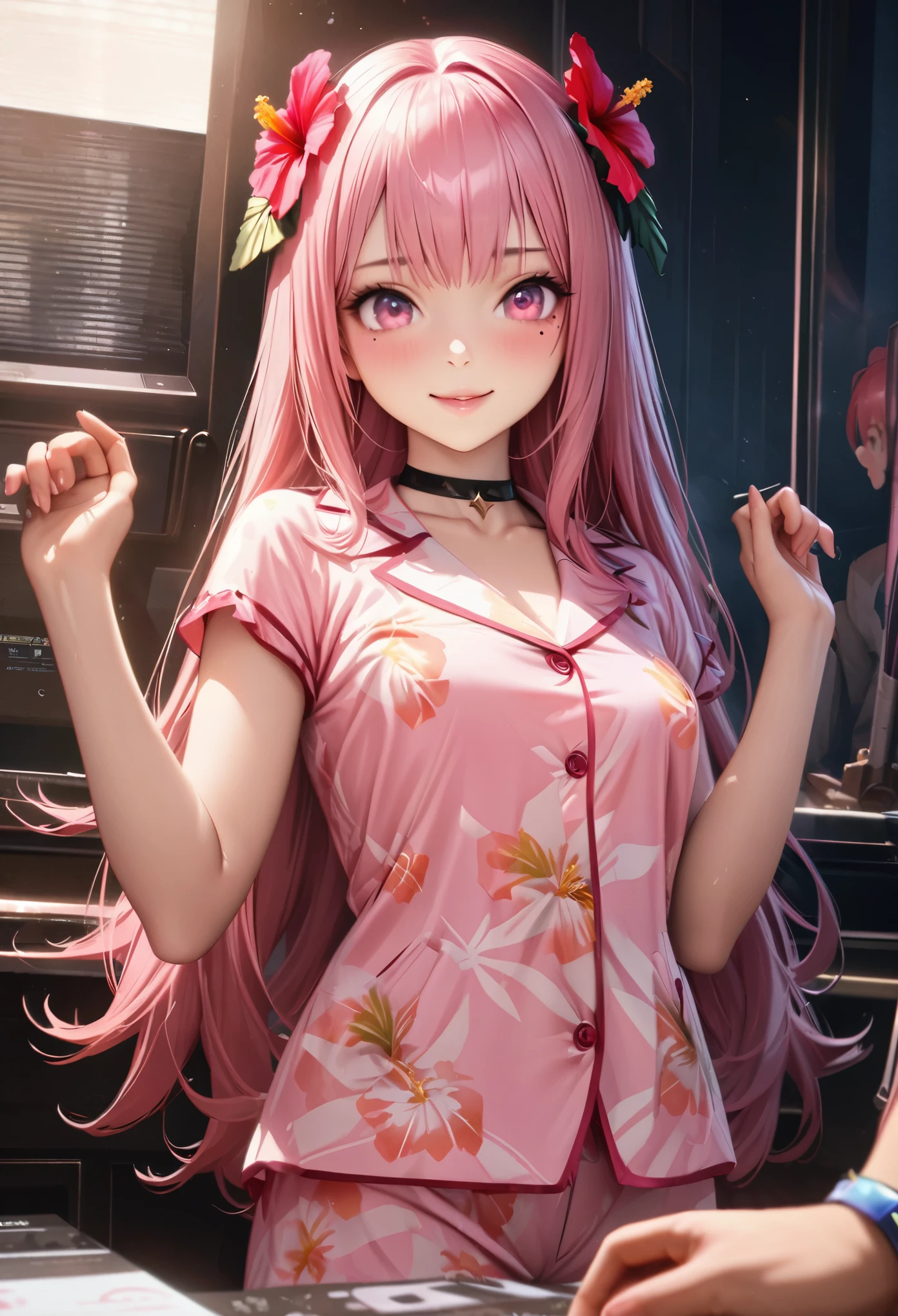 masterpiece, highest quality, Very detailed, High resolution, Expensive resolution, High resolution, 4K, 8k, unity 8k wallpaper, Very detailed CG, masterpiece,  Realistic、 Beautiful details, depth, Fine texture, highest quality: 1.3, Total concentration, Crisp skin, he, Very cute anime, Cute like an idol, expensive pink long hair, One Girl, Aloha Pajamas, night、 Hibiscus Hair Accessories, Smiling long pink hair, whole body, Mole under  eye, Line Sight, expensive, blush, Lips parted, heart, Pink Eyes, choker