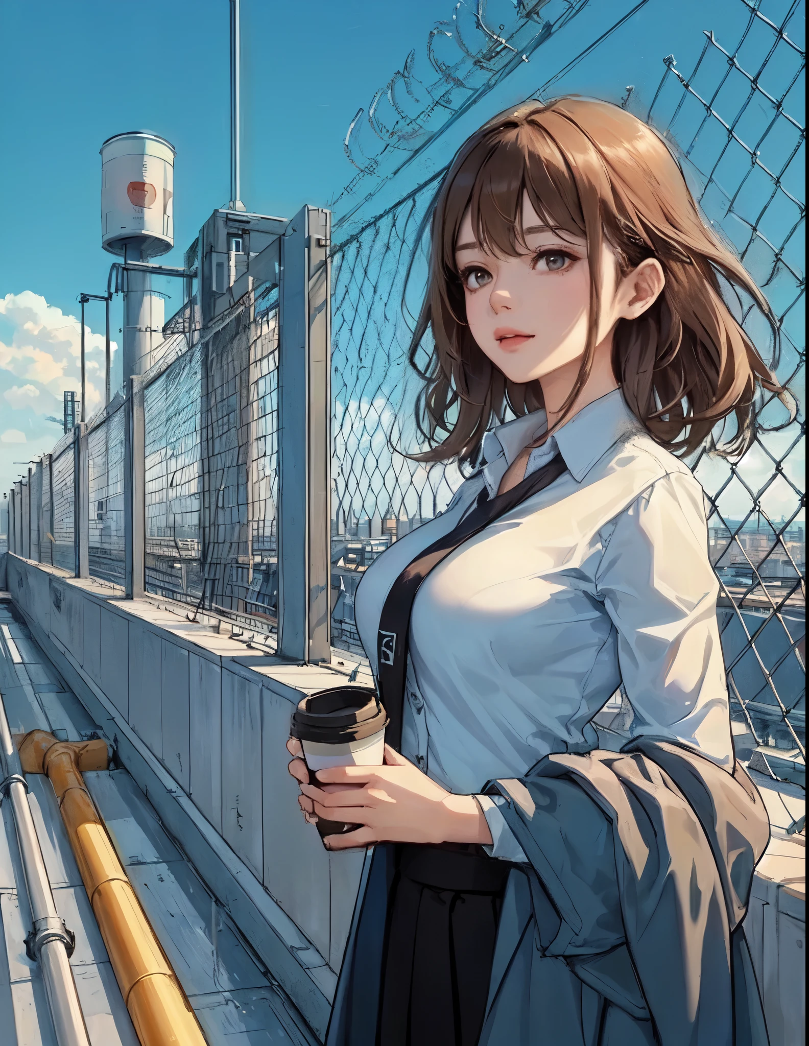 1lady standing, (leaning against wire mesh), office worker outfit, mature female, /(light brown hair/) bangs, (light smile:0.6), (looking off into the distance), (masterpiece best quality:1.2) delicate illustration ultra-detailed, large breasts BREAK (holding coffee cup in hand), (holding jacket) BREAK (rooftop of building), outdoors, railing, blue sky, rooftop facilities, cityscape, detailed background